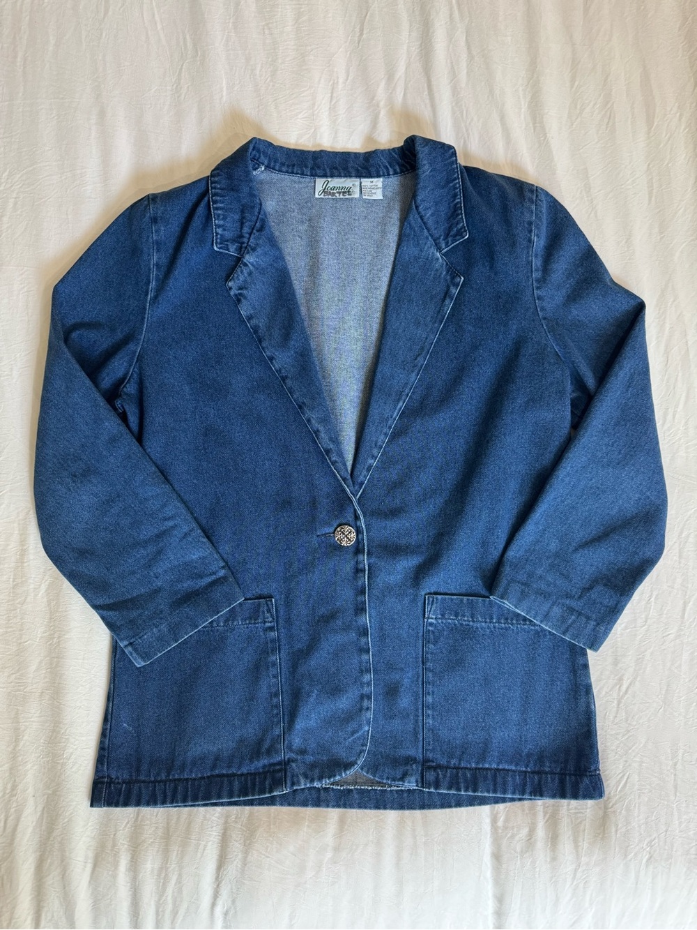 Vintage Joanna Denim Blazer Jacket Open Front Cotton Blue Utility Pockets